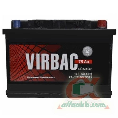 Авто аккумулятор Virbac Classic 6СТ- 75 R+ Ёмкость 75 
Пусковой ток 540 
Размер 275*175*190