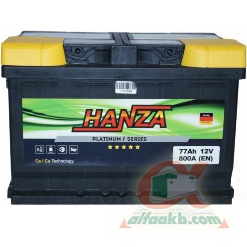 Авто акумулятор Hanza Platinum 6СТ-77R+ Ємність 77  Пусковий струм 800  Розмір 278*175*190
